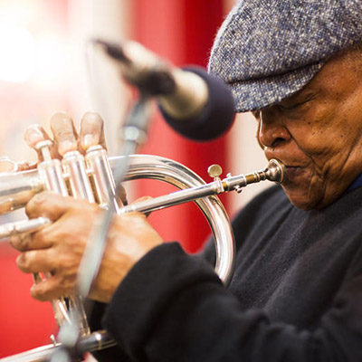 Hugh Masekela in the KNKX studios.