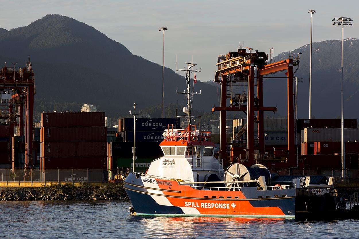 A spill repsonse vessel docked in Vancouver, B.C.